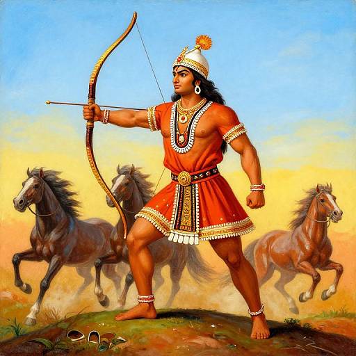 Digital painting of a muscular, dark-skinned archer in a red tribal outfit, with feathered headgear, standing on a grassy hill,