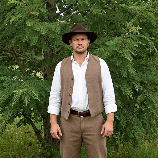 Photograph of a bearded man in a white shirt, brown vest, and hat, standing against lush green foliage. Casual, rustic style.