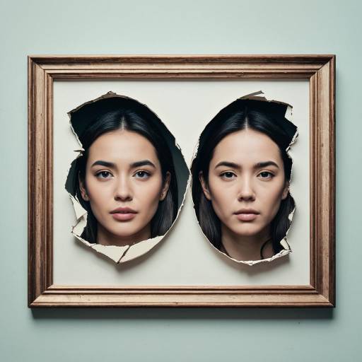 Dual Female Faces Through Torn Paper Frame