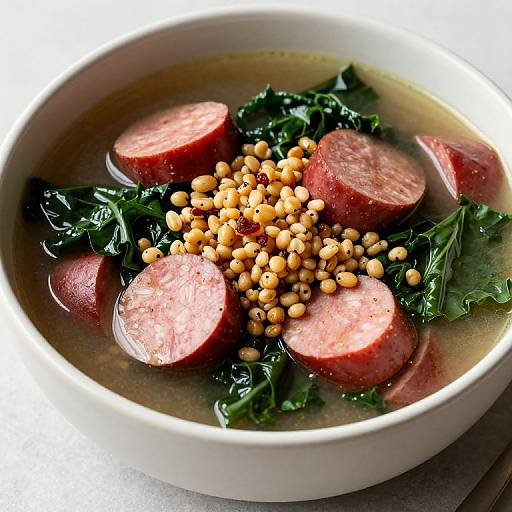 Photograph of a white bowl filled with sliced red radishes, chickpeas, and dark green kale, all submerged in clear broth.