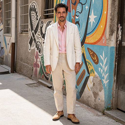 Photograph of a bearded man with dark hair, wearing a white suit, pink shirt, and brown shoes, standing in front of colorful graffiti-covered