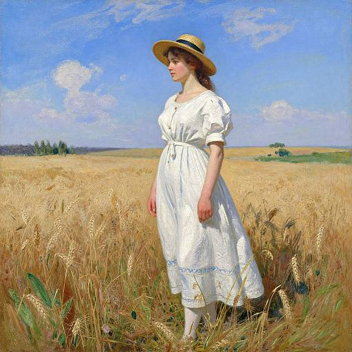 A young woman in a white dress and straw hat stands in a golden wheat field under a bright blue sky. Digital painting.