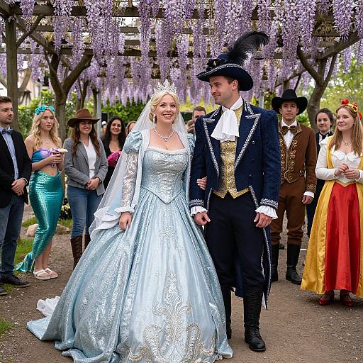 Photograph of a fair-skinned bride in a light blue, lace-trimmed gown and tiara, and a fair-skinned groom in a