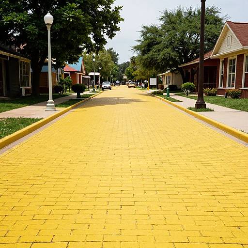 Photograph of a bright yellow brick-paved street lined with trees and red-brick buildings on either side, under a clear blue sky.