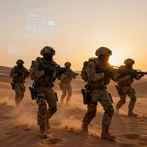 Photograph of four soldiers in full camouflage gear and helmets, running through a sandy desert at sunset, holding rifles, with digital overlays in the background.