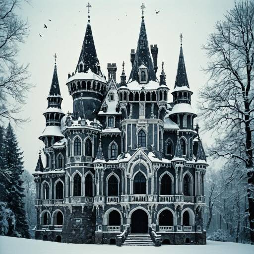 Snow Covered Gothic Castle with Turrets