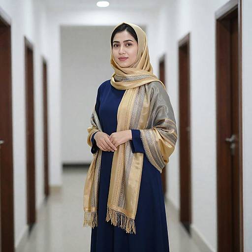 Photograph of a young South Asian woman with medium skin tone, dark hair, wearing a navy blue salwar kameez and gold scarf, standing