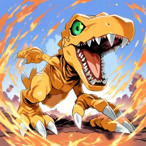 Illustration of Agumon, digimon in the style of Asanagi