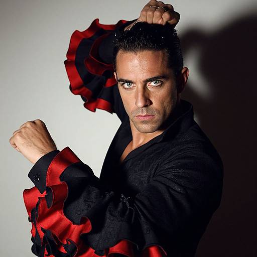 Photograph of a muscular man with short dark hair, intense blue eyes, wearing a black shirt with red ruffled sleeves, posing with fists raised against