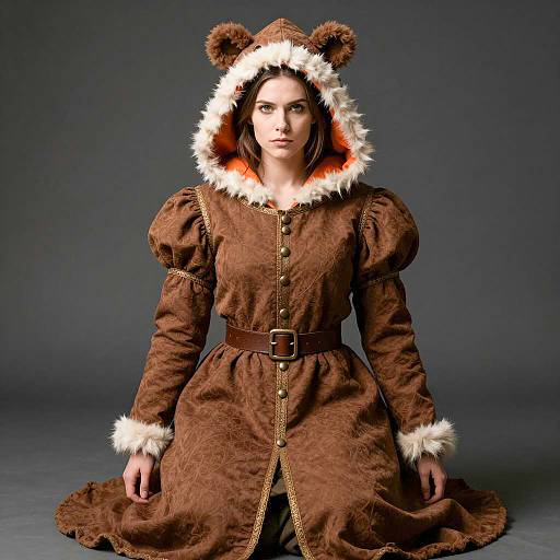 Woman in Bear Hooded Medieval Dress Cosplay