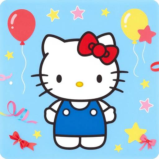 Cartoon Hello Kitty with red bow, blue dress, surrounded by balloons, stars, and bows on a light blue background. Digital drawing.