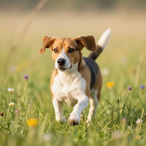 Photograph of a young, brown and white beagle puppy with floppy ears, running through a sunny, colorful meadow with wildflowers.