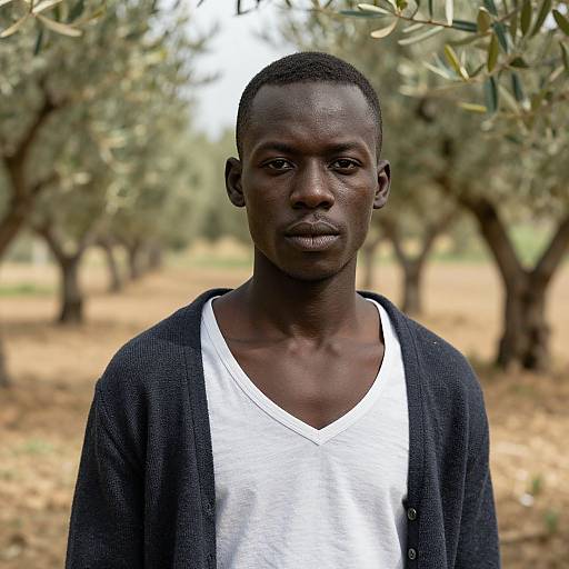Photograph of a serious, young Black man with short hair, wearing a white V-neck shirt and black cardigan, standing in an olive tree gro