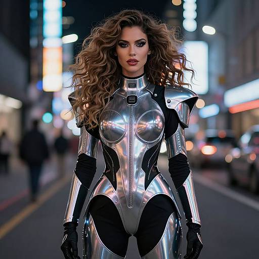 Photograph-style CGI: Brunette woman with voluminous curls in reflective silver armor, standing confidently on a neon-lit city street at night.