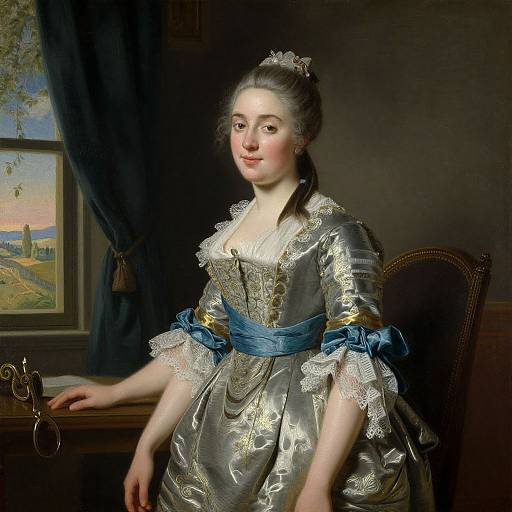 18th-century portrait of a fair-skinned, dark-haired woman in a silver satin dress with white lace, blue ribbon, and tiara, standing