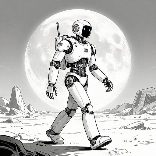 Black-and-white digital drawing of a robotic humanoid with a cylindrical head, walking on a desolate, rocky landscape under a large, bright full moon.