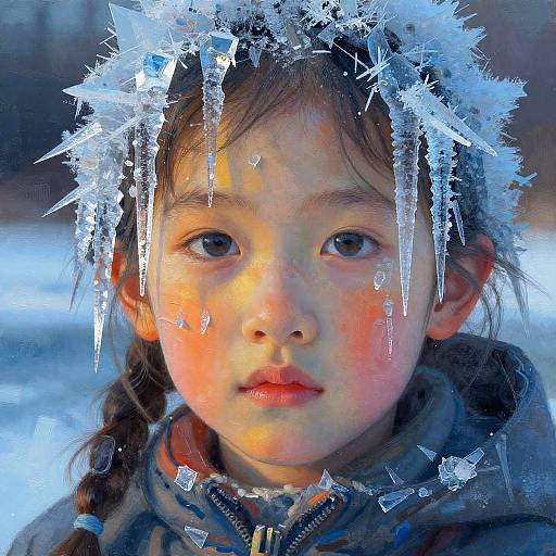 Photograph of a young girl with fair skin, brown hair in braids, and ice crystals on her head and shoulders, wearing a gray jacket,