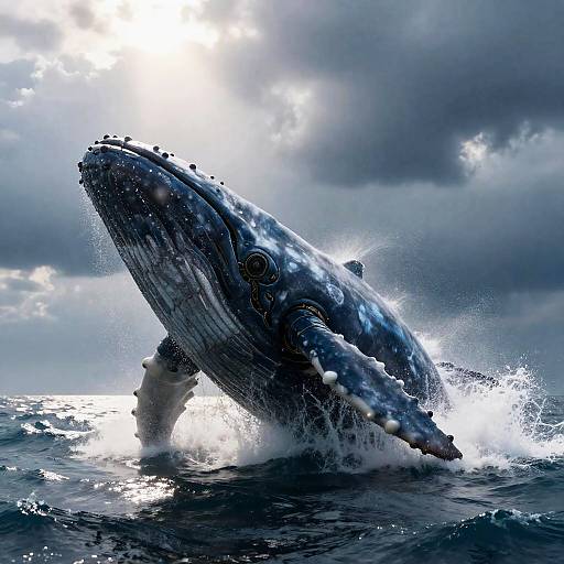 Colossal Mechanical Whale Breaching Ocean