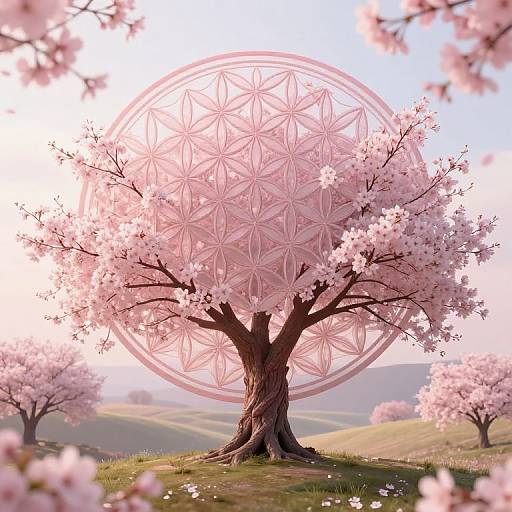 Digital artwork of a cherry tree with pink blossoms, featuring a geometric, star-like overlay against a bright, sunny sky.