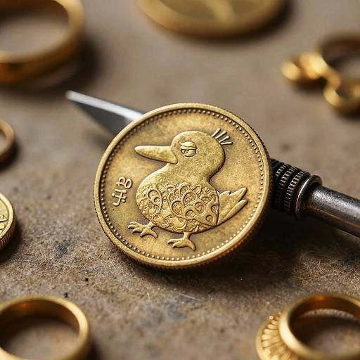 Macro Golddukaten Coin with Vintage Tools