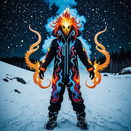 Fire and Ice Elemental in Neon Snow Landscape