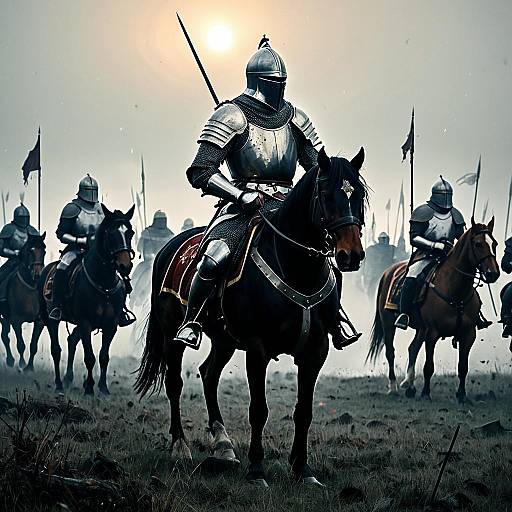 Waterhouse-Style Noble Knight on Foggy Battlefield