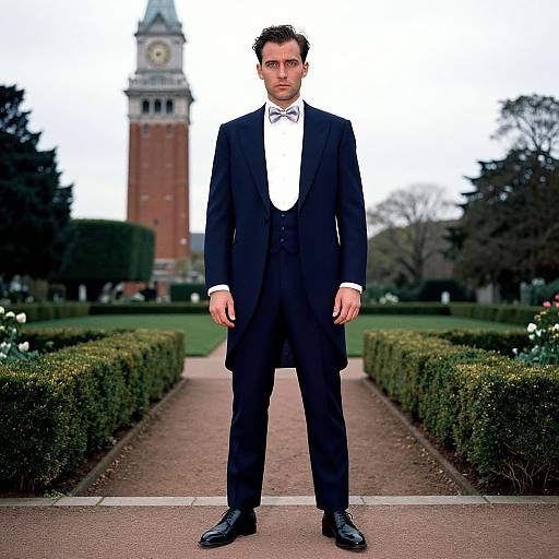 Photograph of a serious, dark-haired man in a black tuxedo with white bow tie, standing on a path in a manicured garden,