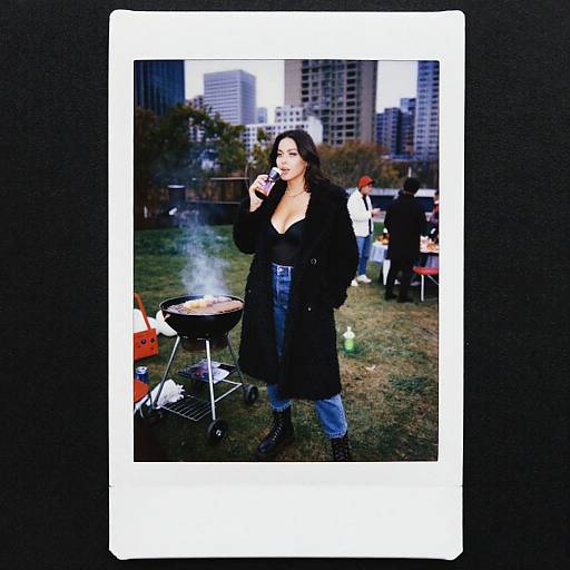 Photograph of a curvy woman with long black hair, wearing a black coat and blue jeans, standing by a grill in a city park, with
