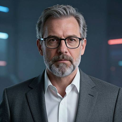 Photograph of a middle-aged man with gray hair and beard, wearing black-framed glasses, a white shirt, and dark gray suit, against a