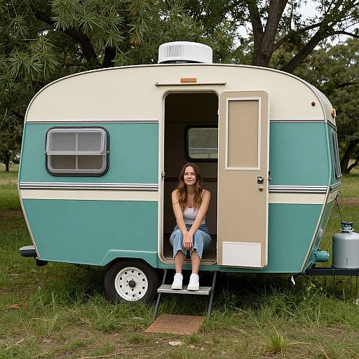 Photograph of a young woman with long brown hair, wearing a white top and blue shorts, sitting in a vintage teal and cream RV, with trees