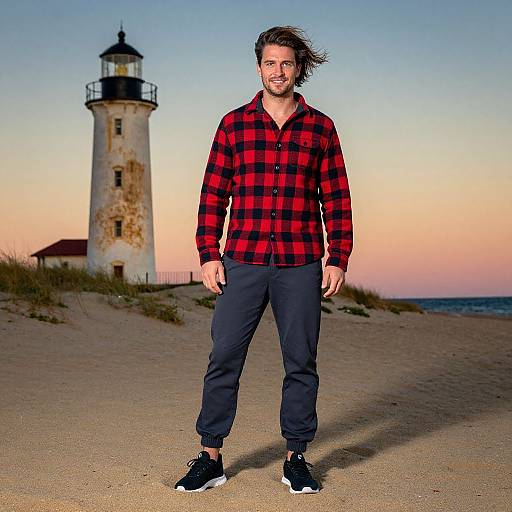 Photograph of a smiling man with wind-blown hair, wearing a red-black plaid shirt, dark pants, and black sneakers, standing on a