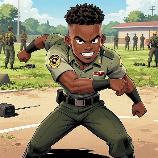 Digital comic-style image of a muscular black male police officer with short, spiked hair, in a fighting stance on a sunny training ground, wearing green uniform
