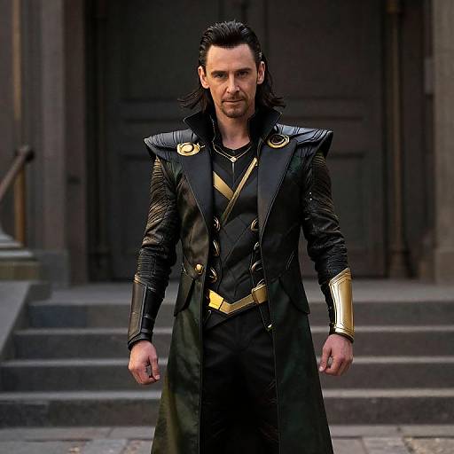 Photograph of a serious-looking man with long black hair, wearing a black leather military-style coat with gold accents, standing on stone steps against a dark