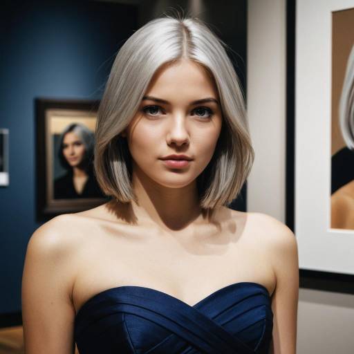 Young Woman in Navy Evening Dress at Art Gallery