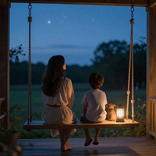 Siblings Stargazing on Twilight Porch