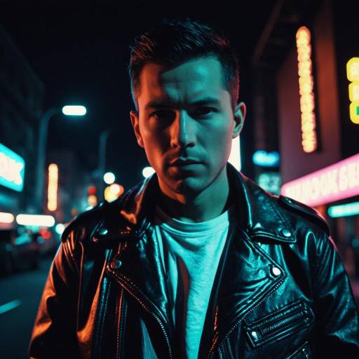 Man in Leather Jacket Under Neon City Lights