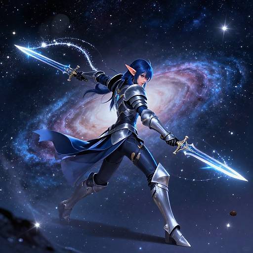 Digital artwork of a blue-haired, elf warrior in silver armor wielding two glowing blue swords against a cosmic galaxy background. Dynamic, star-filled night sky enhances