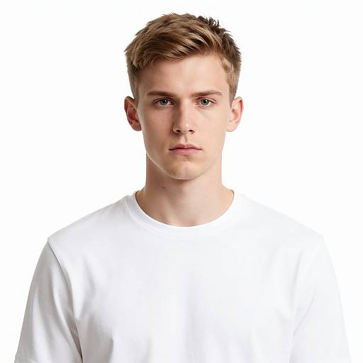 Photograph of a young Caucasian man with short, light brown, neatly styled hair, wearing a plain white t-shirt, against a white background.