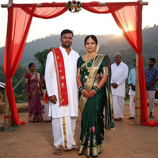 Photograph of an Indian couple standing under a red-draped wedding arch, dressed in traditional white and green attire, with guests in the background at