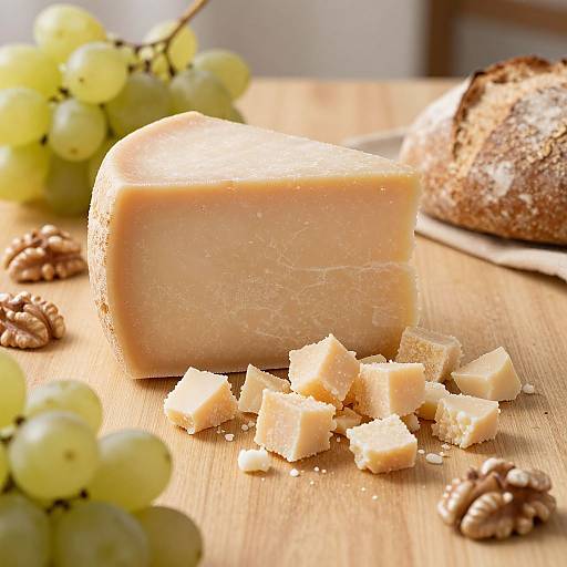 Photograph of a block of pale cheese with cubes, surrounded by green grapes, walnuts, and a crusty loaf on a wooden table.