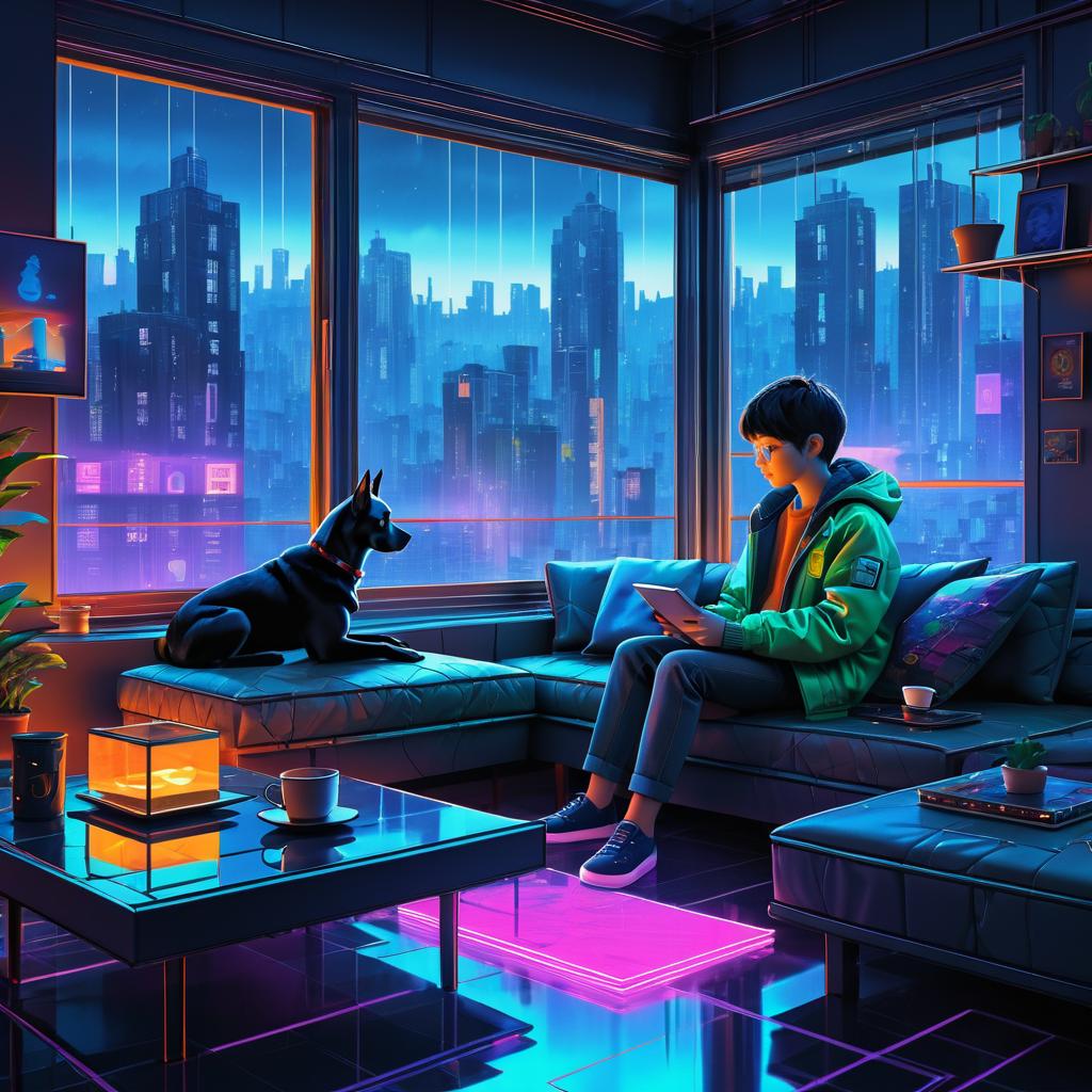 Cozy Cyberpunk Scene with Boy and Dog