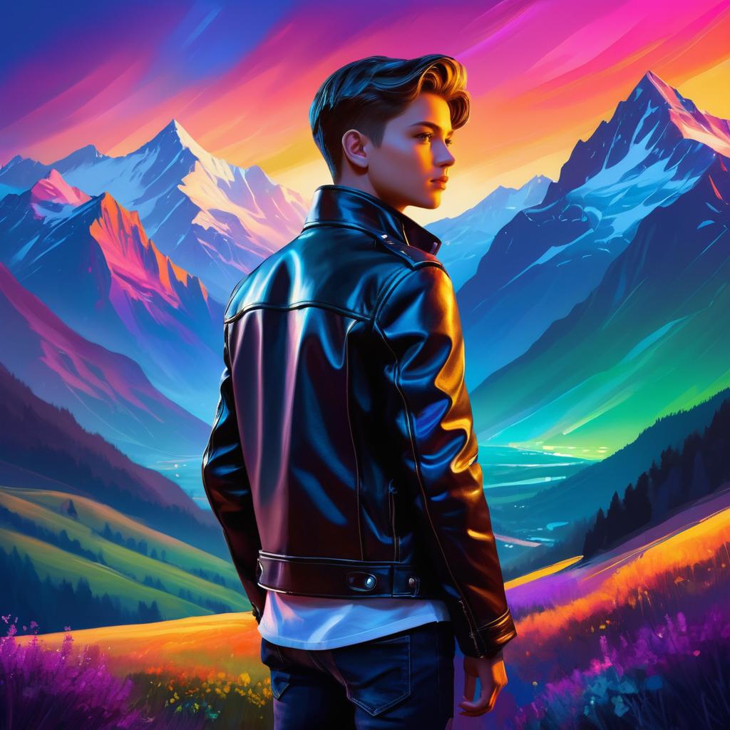 Glamorous Boy in Dusk Mountain Scene