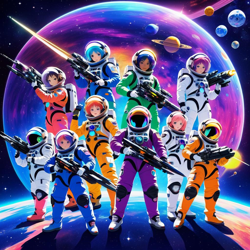 Daring Space Explorers in Vibrant Galaxy