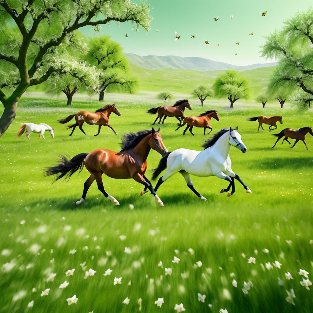 Cinematic Wild Horses in Spring Meadow