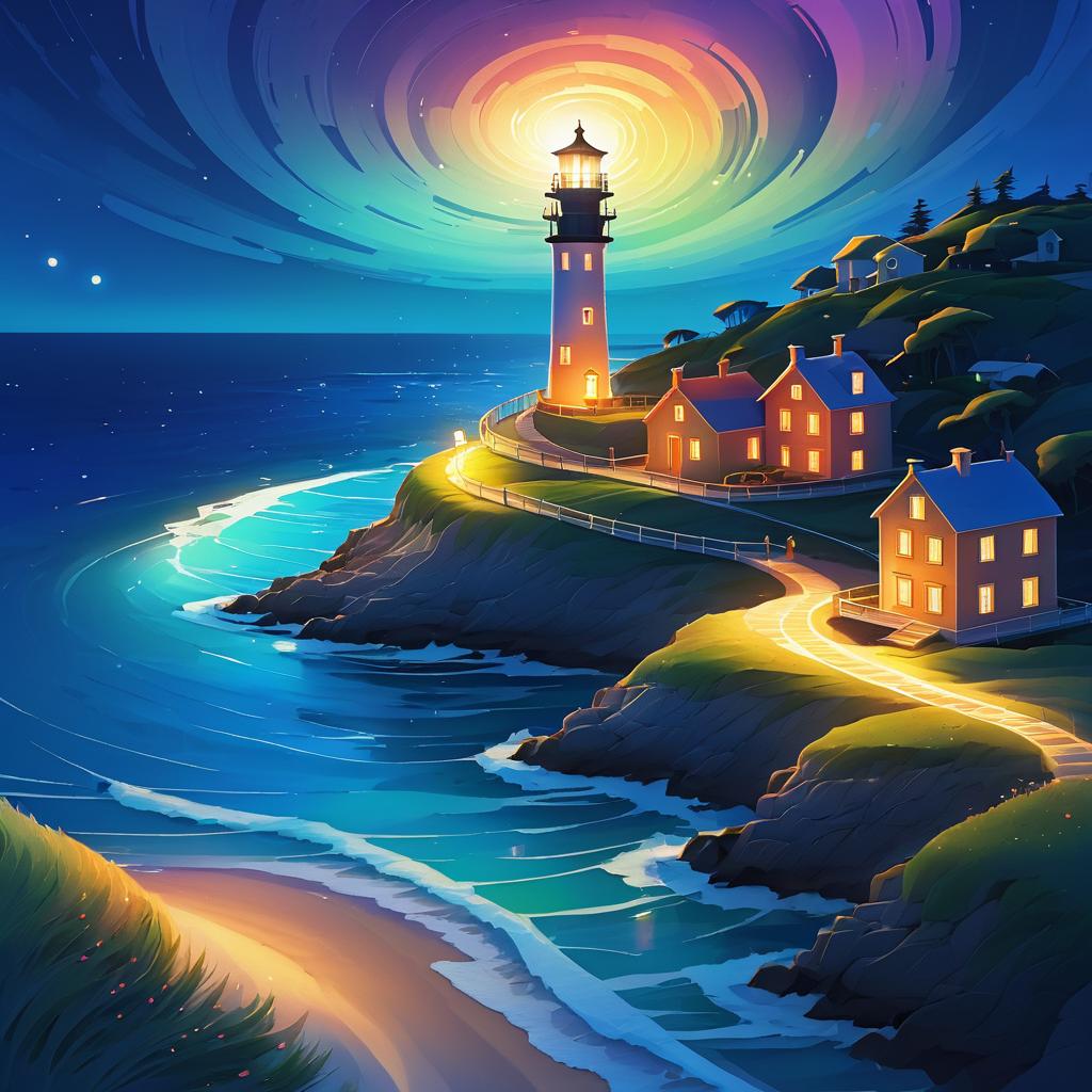 Dreamy Night Beach with Lighthouse Scene