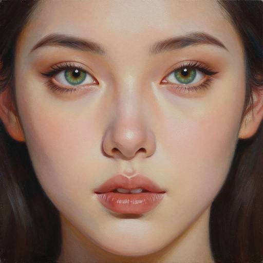 Close-up digital portrait of a young woman with fair skin, green eyes, and full lips. She has dark brown hair and subtle makeup, with a