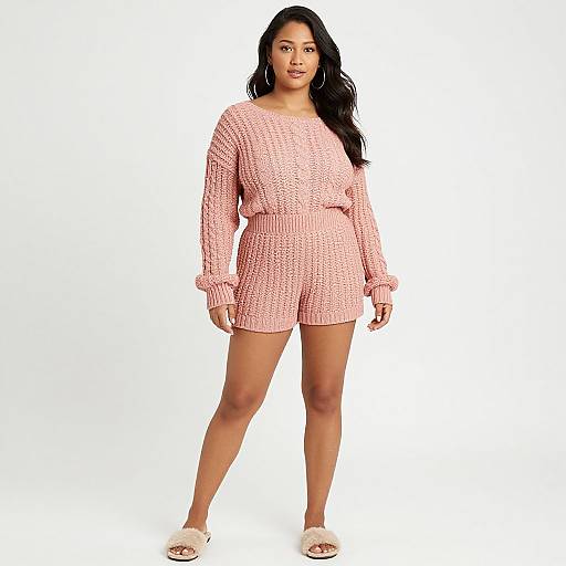 Photograph of a confident, curvy woman with long black hair, wearing a pink, textured knit romper and white slippers, standing against a