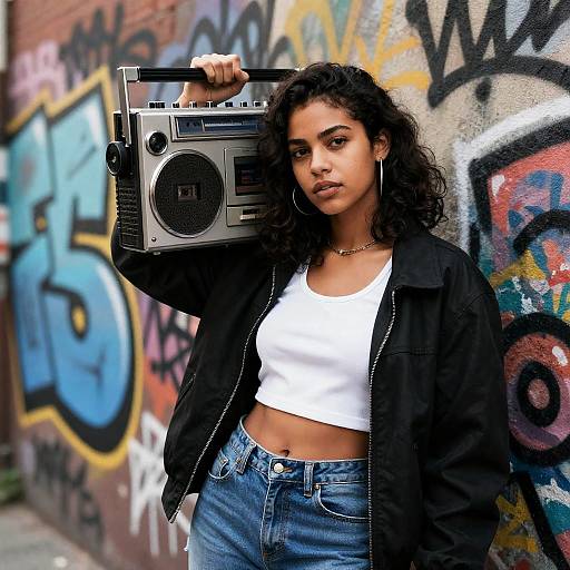 Photograph of a curly-haired woman with medium brown skin, wearing a white crop top, black jacket, and high-waisted jeans, holding a