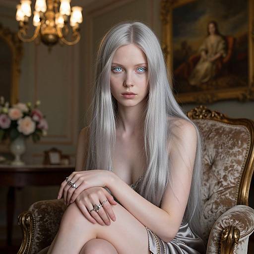 Digital artwork of a pale-skinned, silver-haired woman with blue eyes, wearing a low-cut, silver dress, sitting in an ornate, velvet