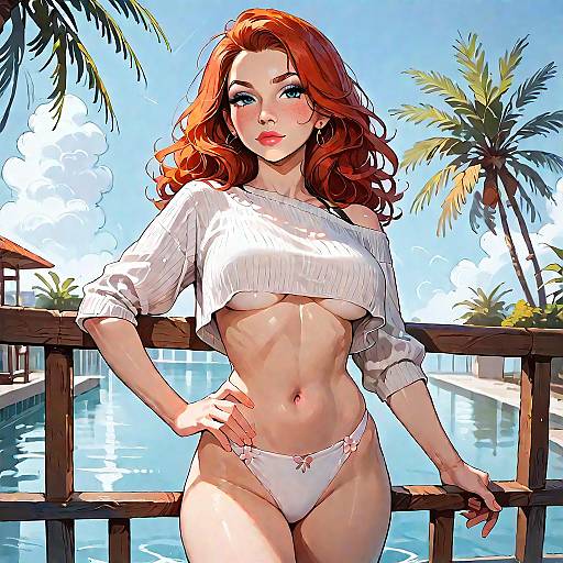 Redhead Woman in Crop Top and Bikini by Pool